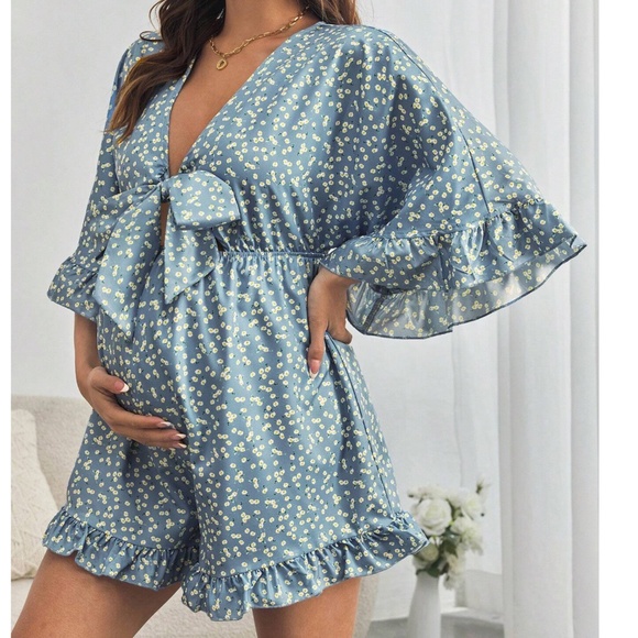 Boho Floral Print Tie Front Ruffle Hem Short Sleeve Romper - Picture 6 of 10